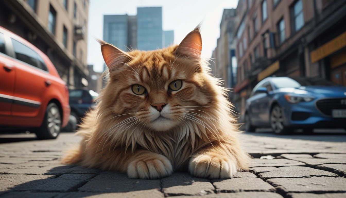 Colossal Fluffy Cat Rests in Metropolis, Hyperrealistic Digi...