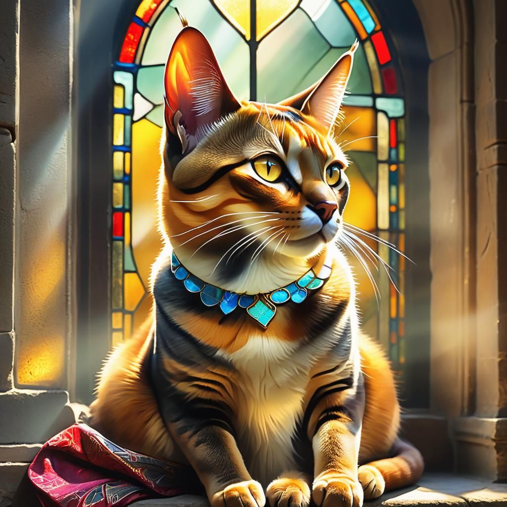 Chausie Cat Portrait in Ancient Temple