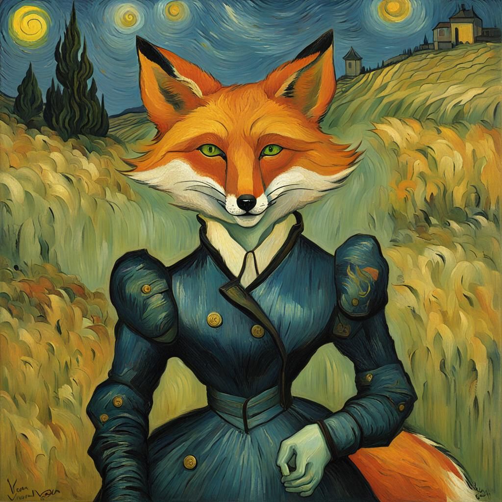 Anthropomorphic Fox Woman in Van Gogh Style