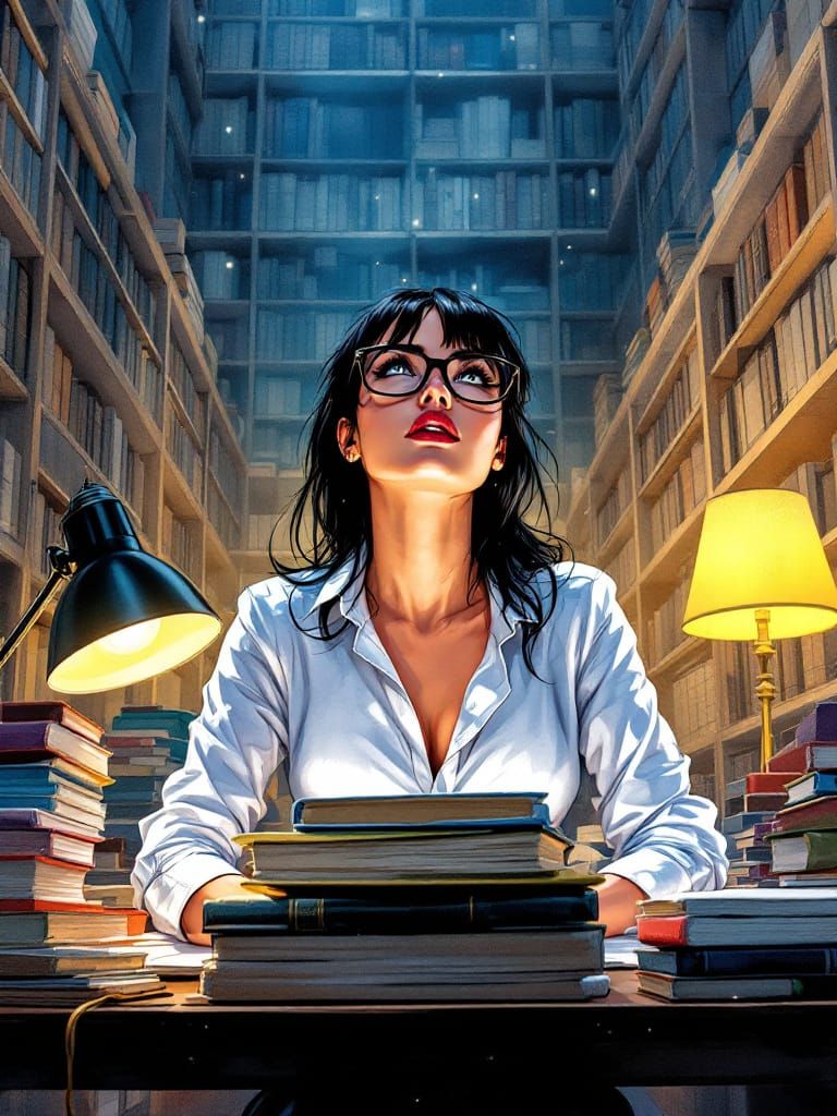 Stern Librarian in Cinematic Comic Style