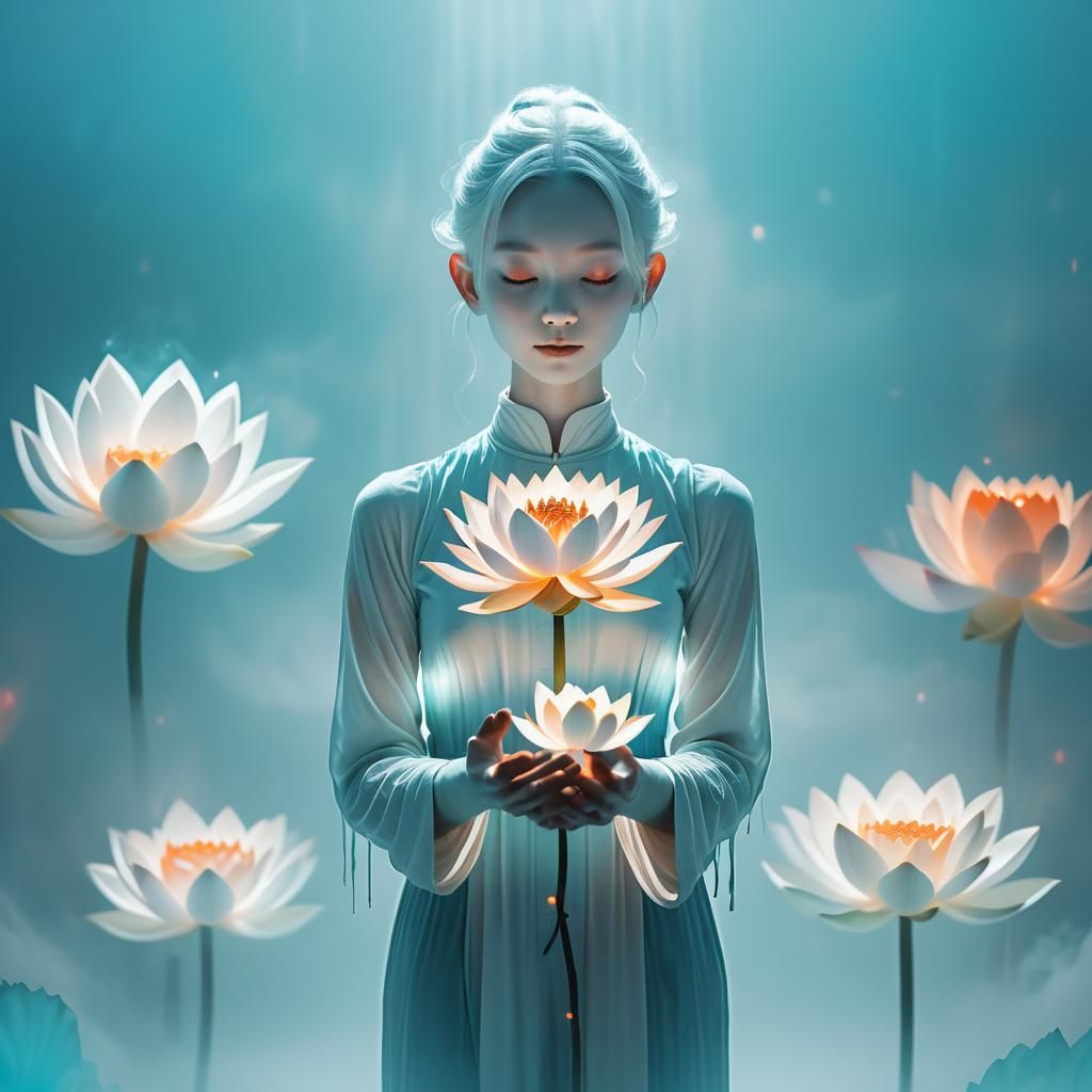 Surreal Androgynous Figure Holding Glowing Lotus