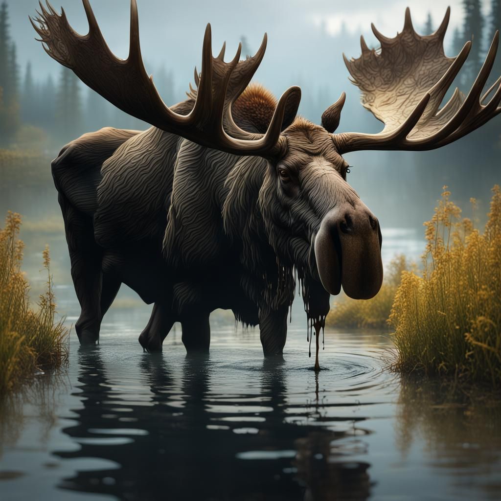 Moose in Lake: Detailed Matte Painting