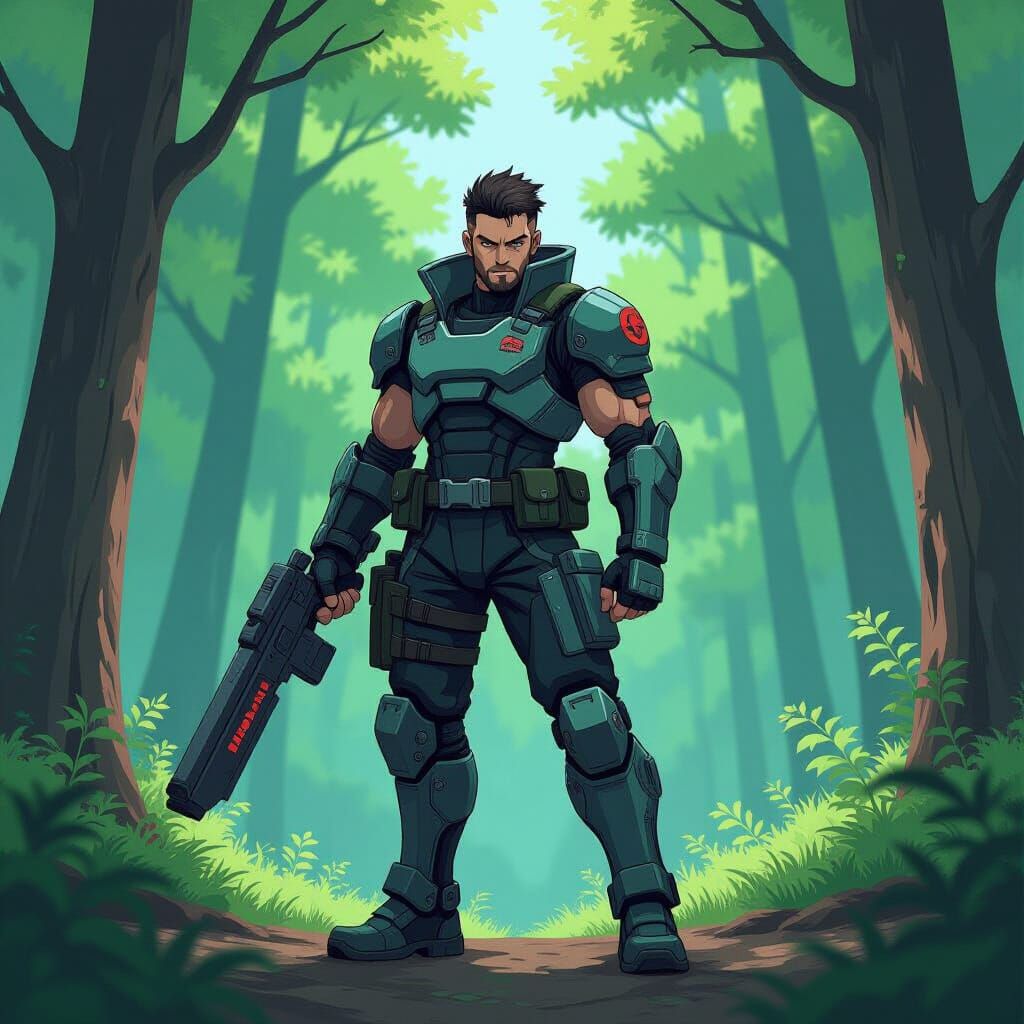 Cyberpunk Warrior at Forest Edge in Anime Style