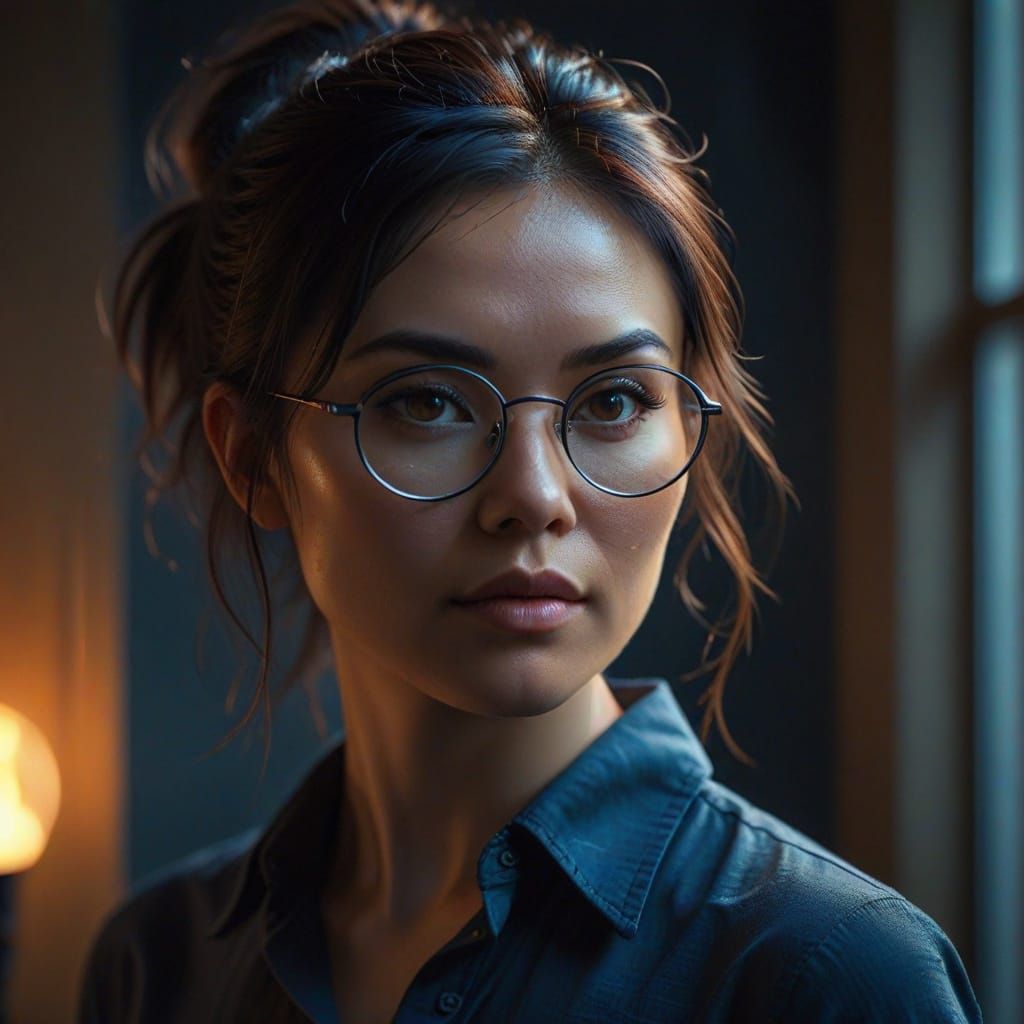 Asian Woman Radiates Mystery in Warm Spotlight