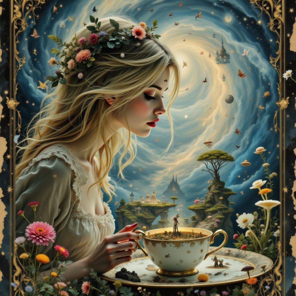 Alice in a Teacup Galaxy: Surreal Dreamlike Portrait