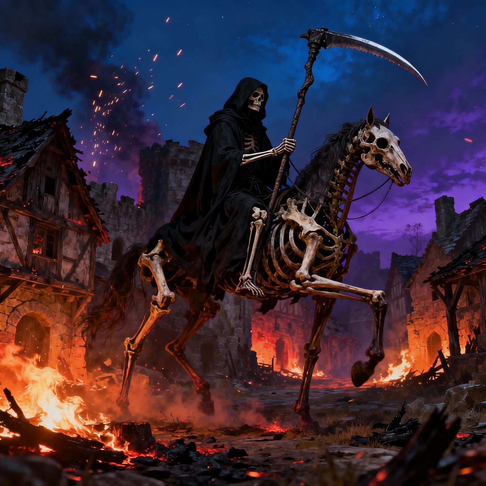 Death on Horseback in Fiery Medieval Village