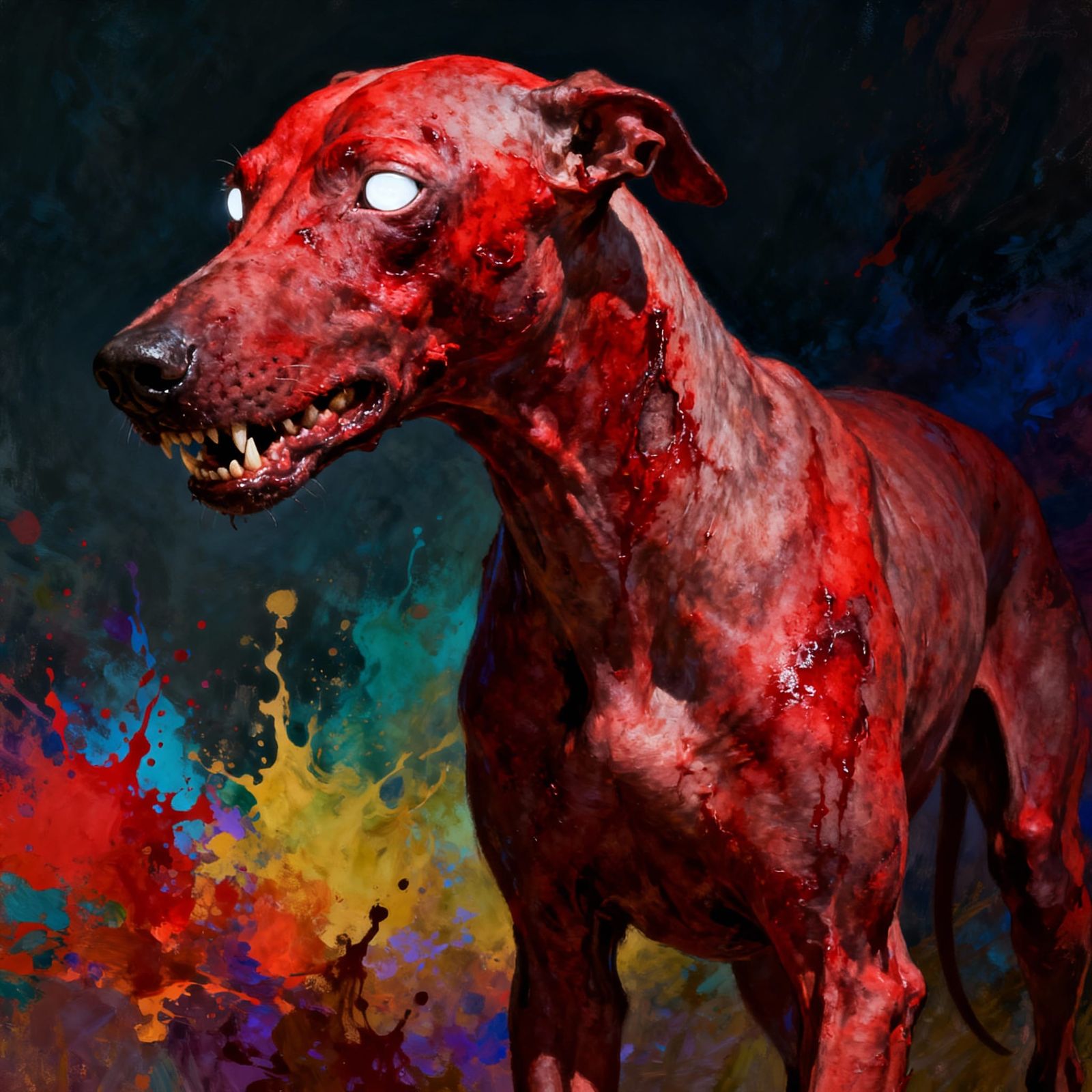 Red-Skinned Hairless Dogs with White Eyes, Dramatic Lighting