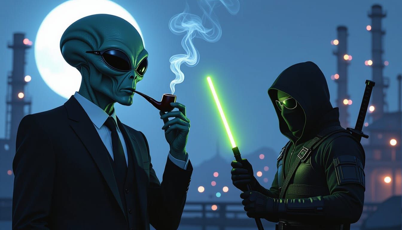 Alien Ninja Encounter at Industrial Plant in Cyberpunk Style