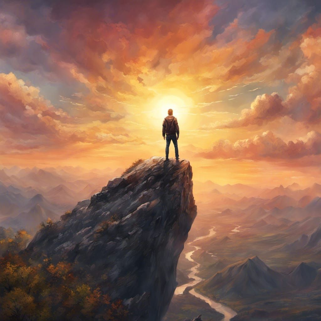 Sunrise Mountain Silhouette in Hyperrealistic Splash Art