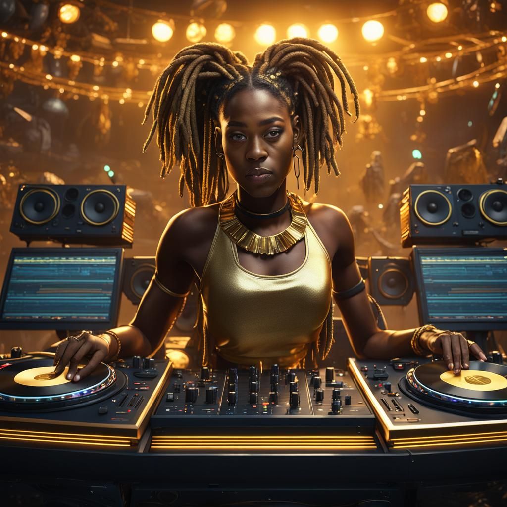 Black Female DJ with Golden Dreadlocks: Digital Art