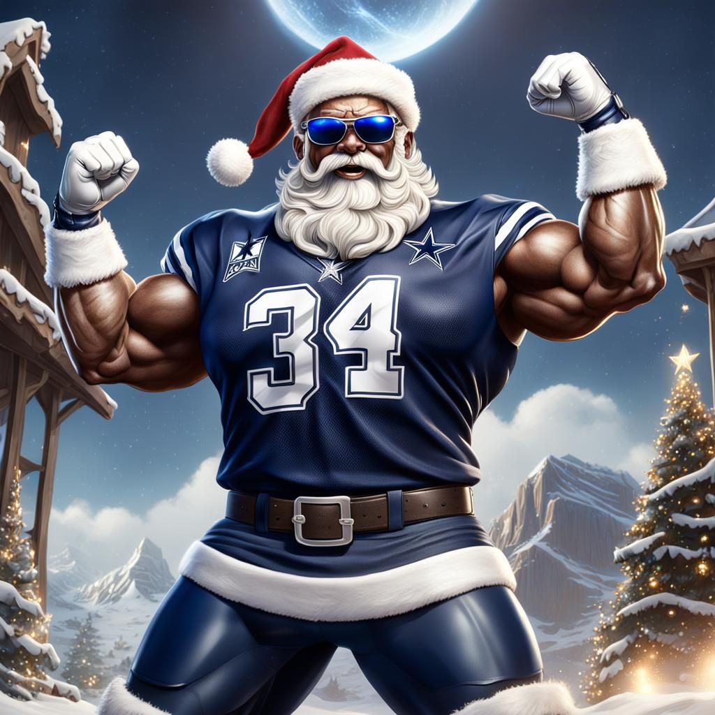 Santa Claus Flexing in Cowboys Jersey: Detailed Matte Painti...