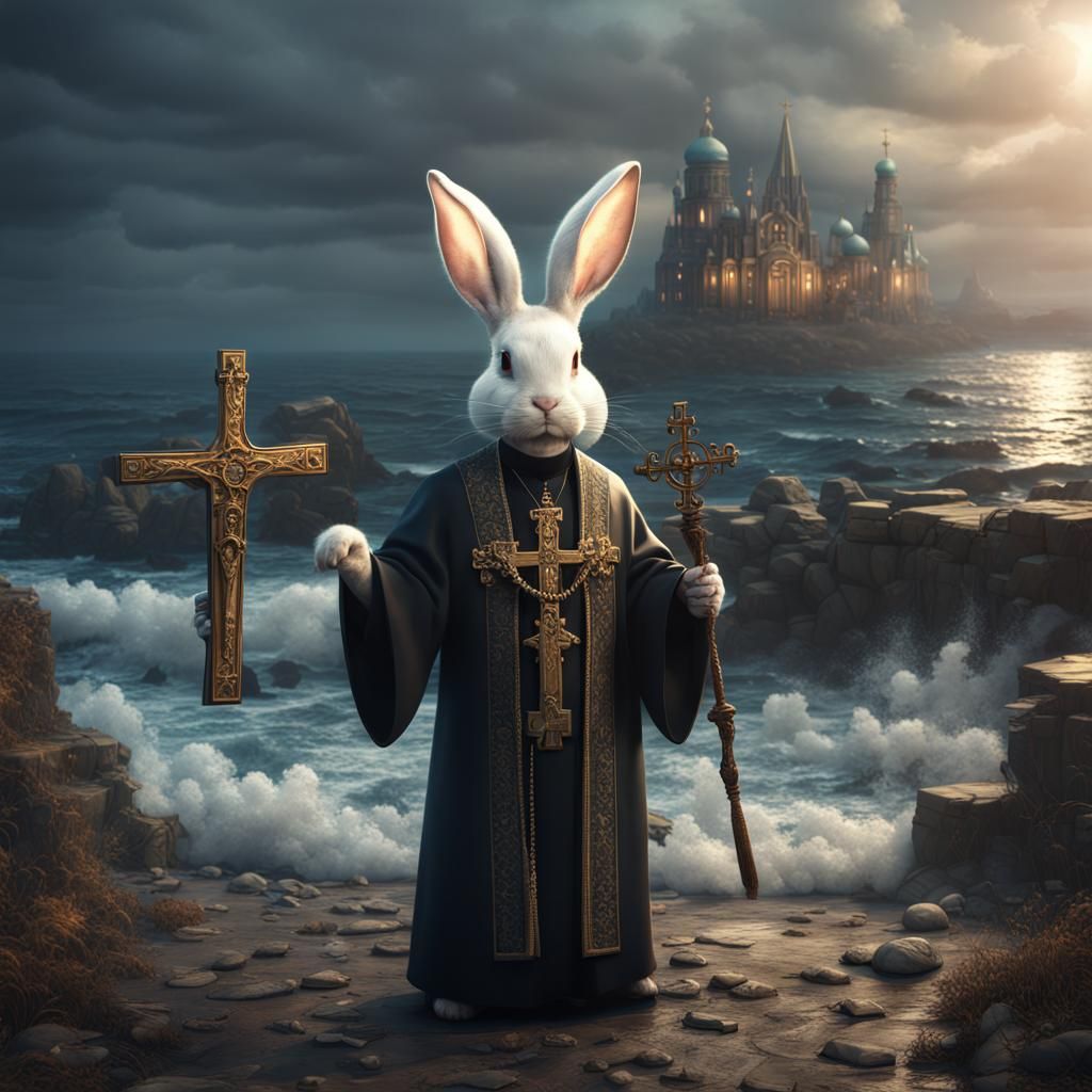 Bunny Orthodox Priest in Fantastical Digital Landscape
