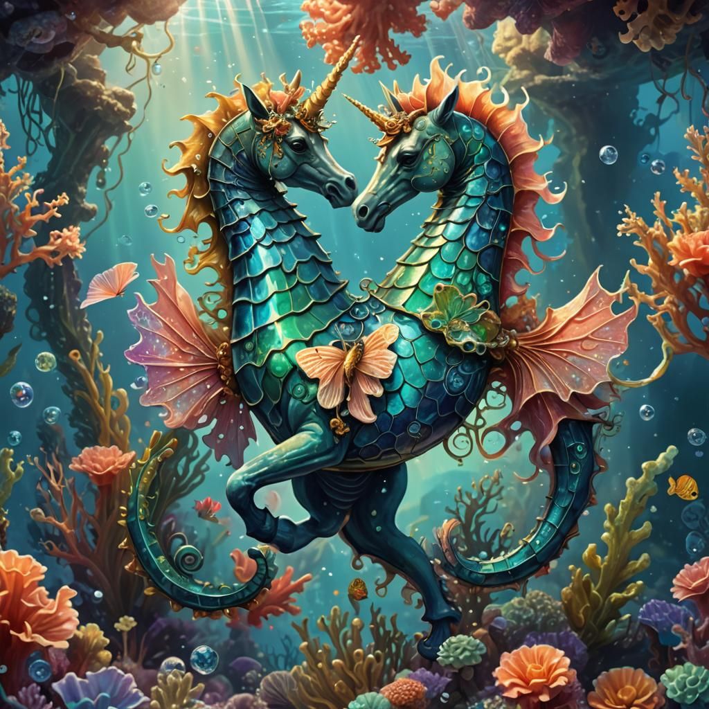 Fantasy Seahorse with Unicorn Horn and Butterfly Wings