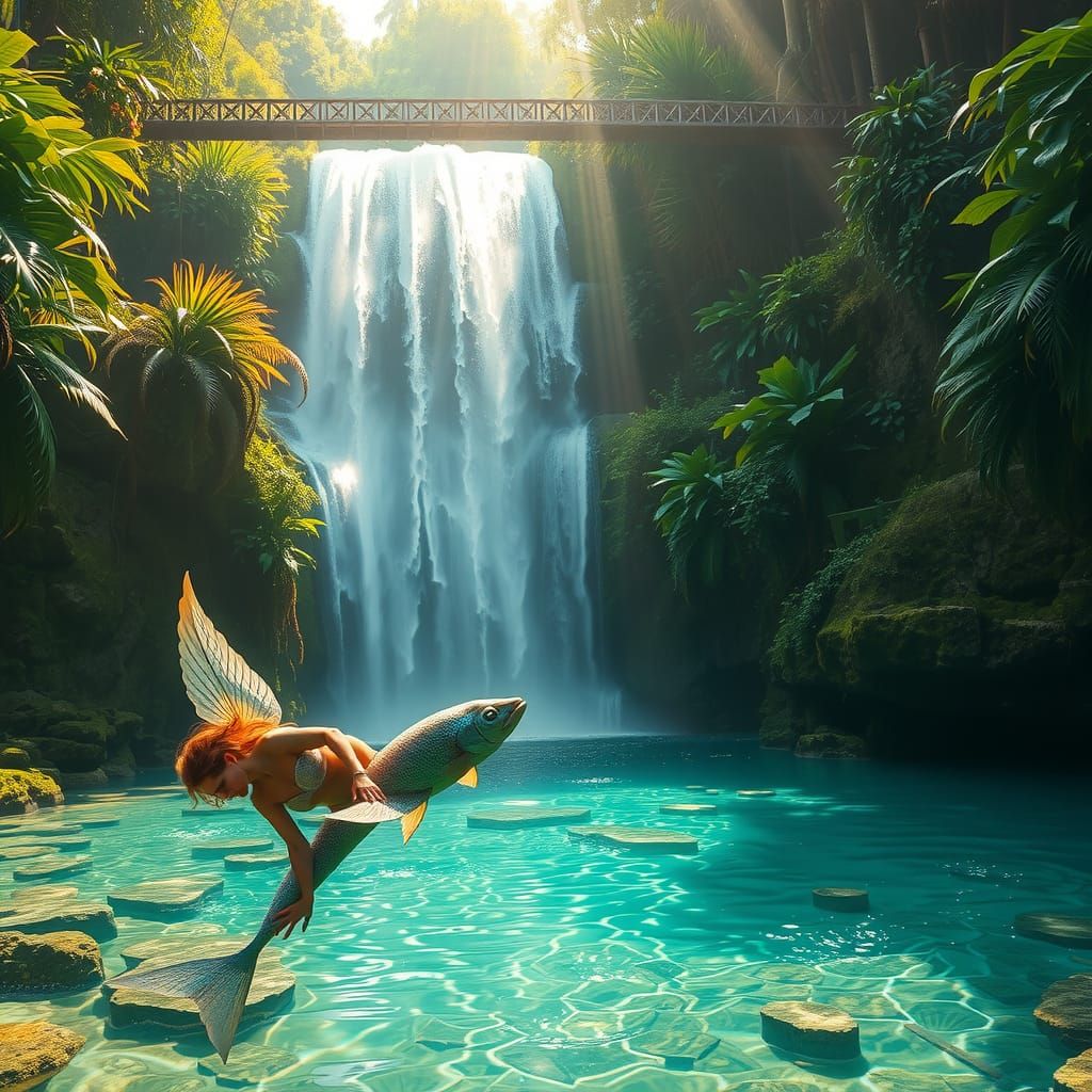 Photorealistic Mermaid in Tropical Waterfall