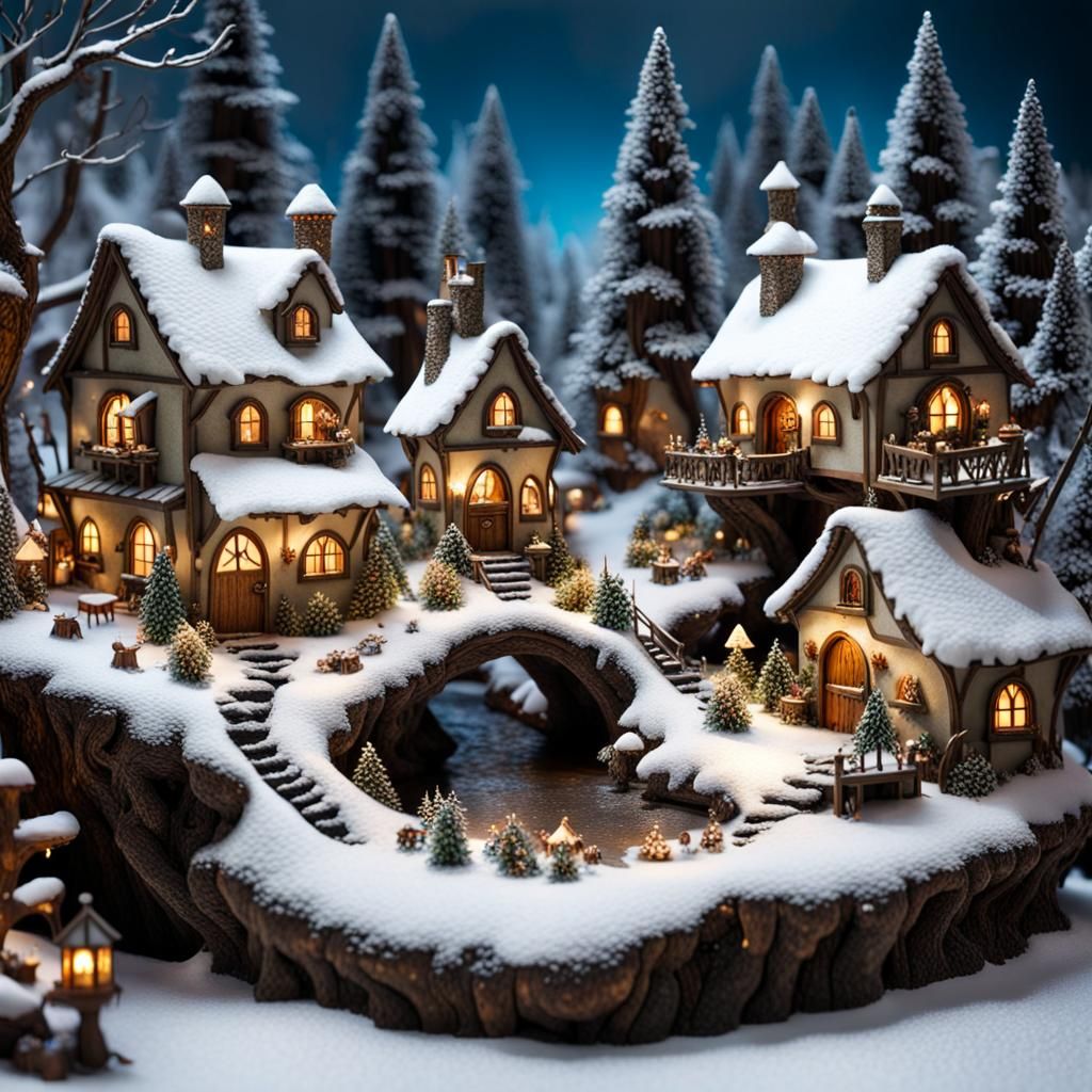 Winter Fairy Village Diorama in Arts & Crafts Style