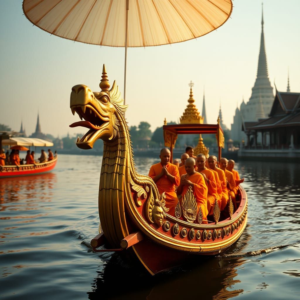 Siamese Royal Barge Festival with Golden Garuda and Monks