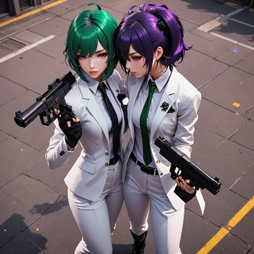 Anime Girls Kissing in Neon-Lit 3D Art