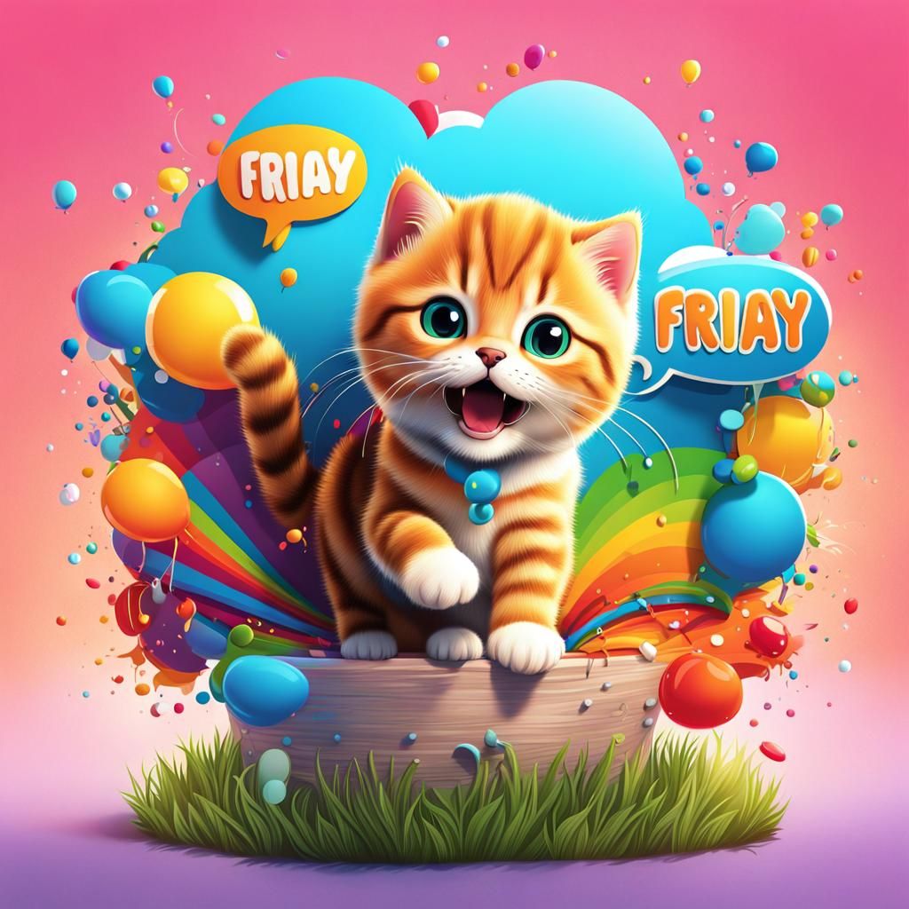Hyperrealistic Chibi Kitten Says Friyay in Splash Art