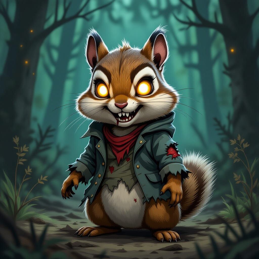 Zombie Chipmunk in Dark Forest, Comic Book Style
