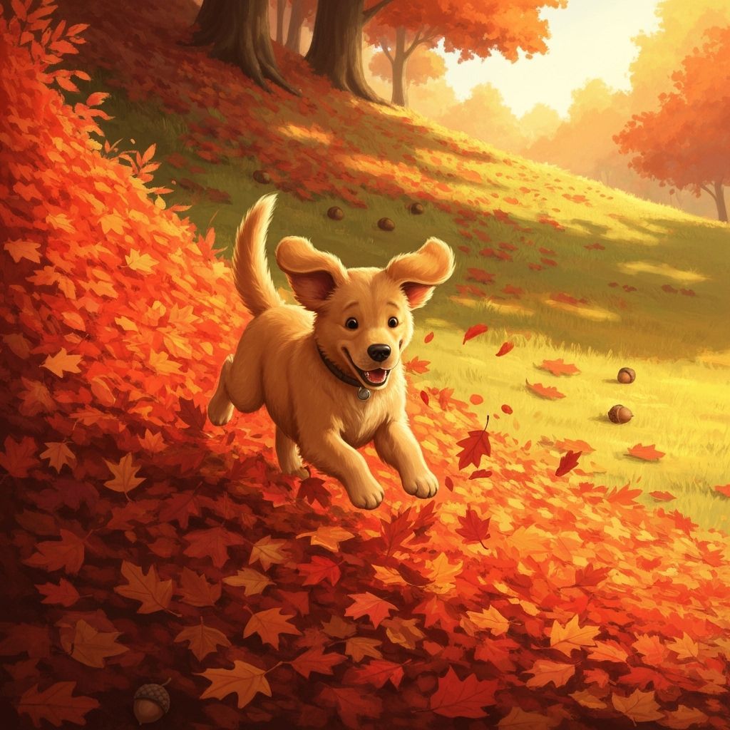 Golden Retriever Puppy Leaping Into Autumn Leaves