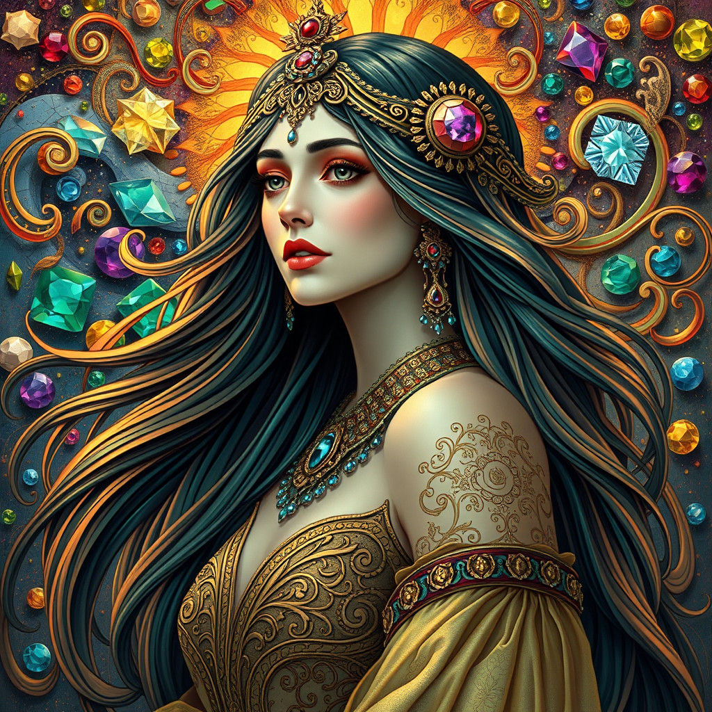 Majestic Woman with Gemstone Background in Art Nouveau Style