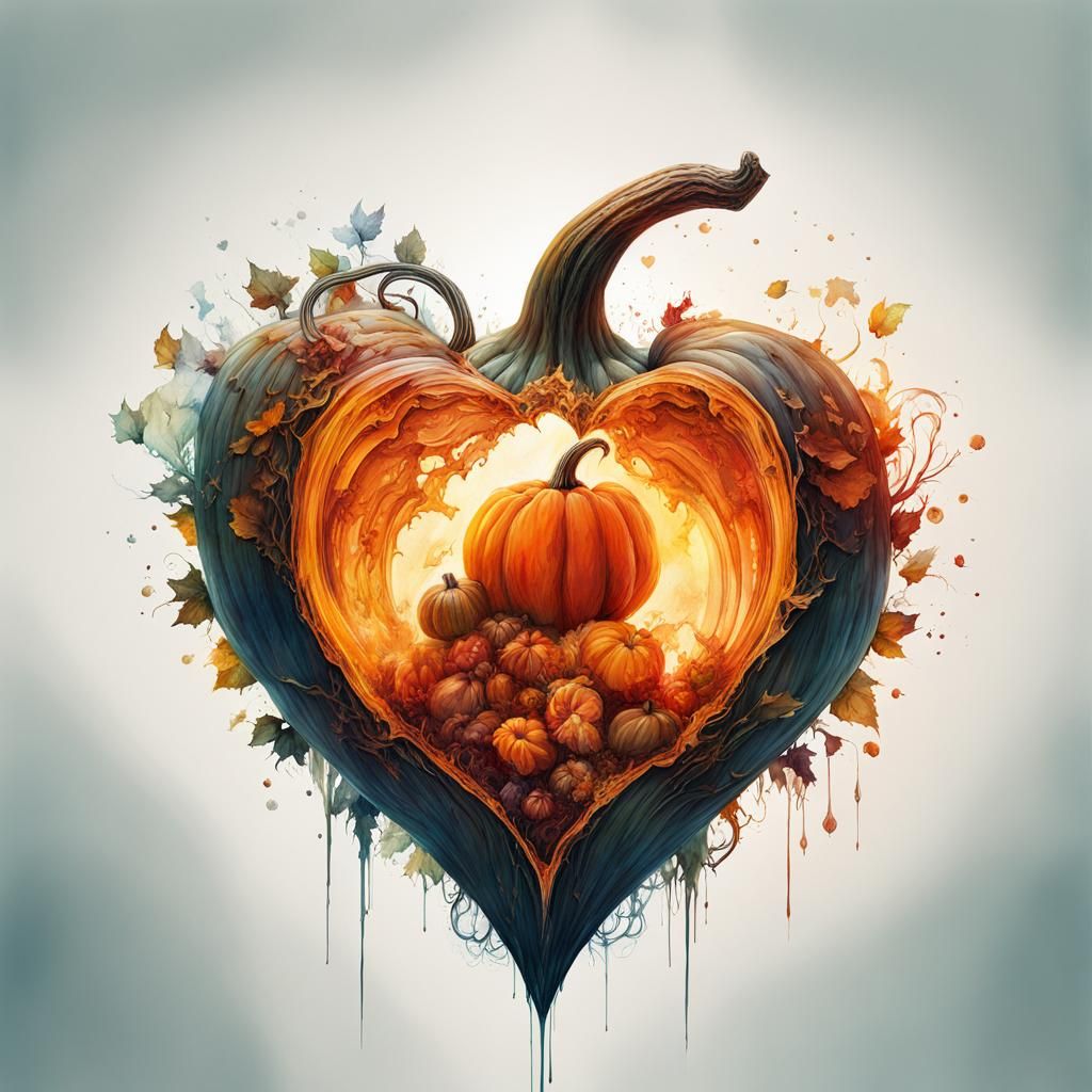 Heart-Shaped Pumpkin in Double Exposure Watercolor
