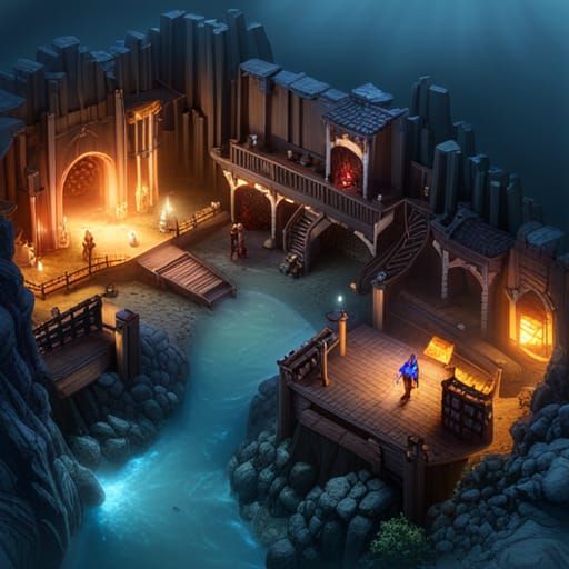 D&D battle map, Cave. Overhead Top-down view. 3D Game Cinematic Feel, Epic 3D Videogame Graphics, Intricately Detailed, ...