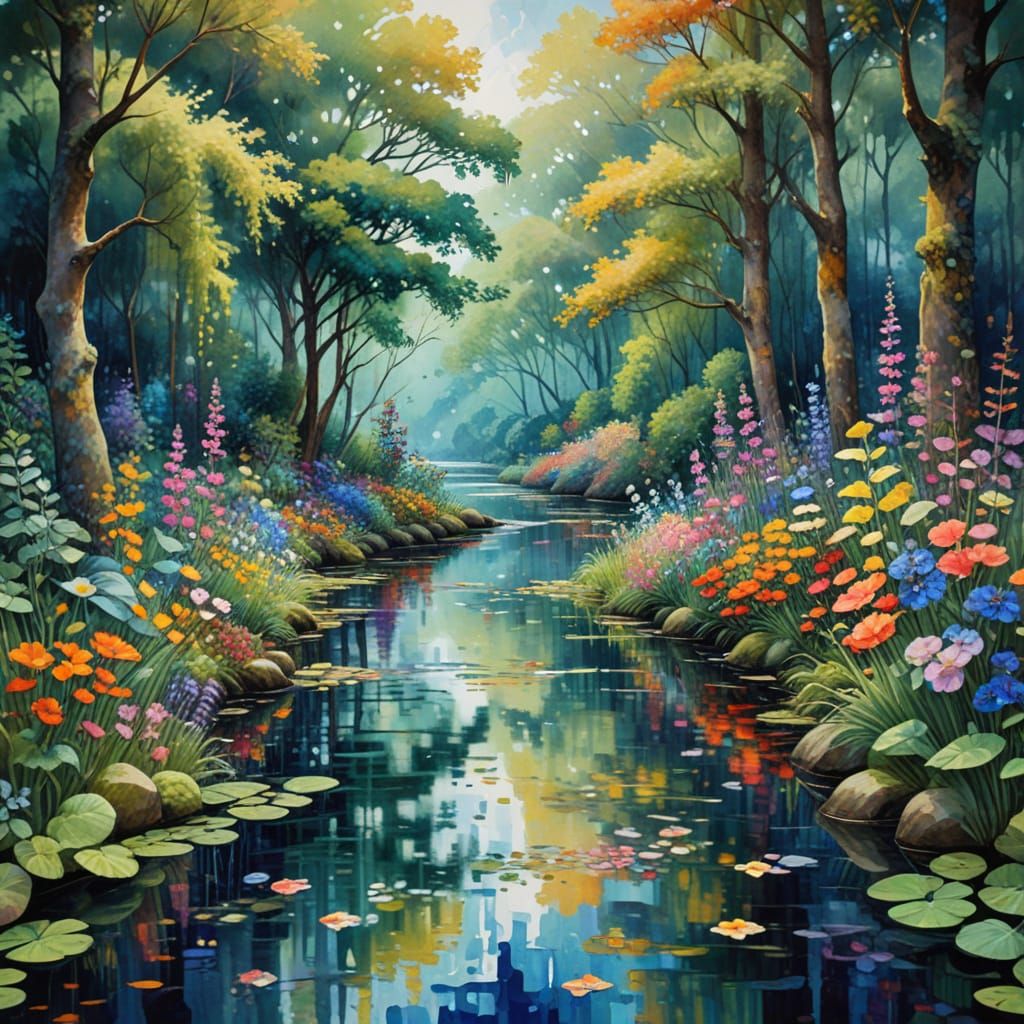 Floral Tapestry with Mirrored Shapes in Watercolor Style