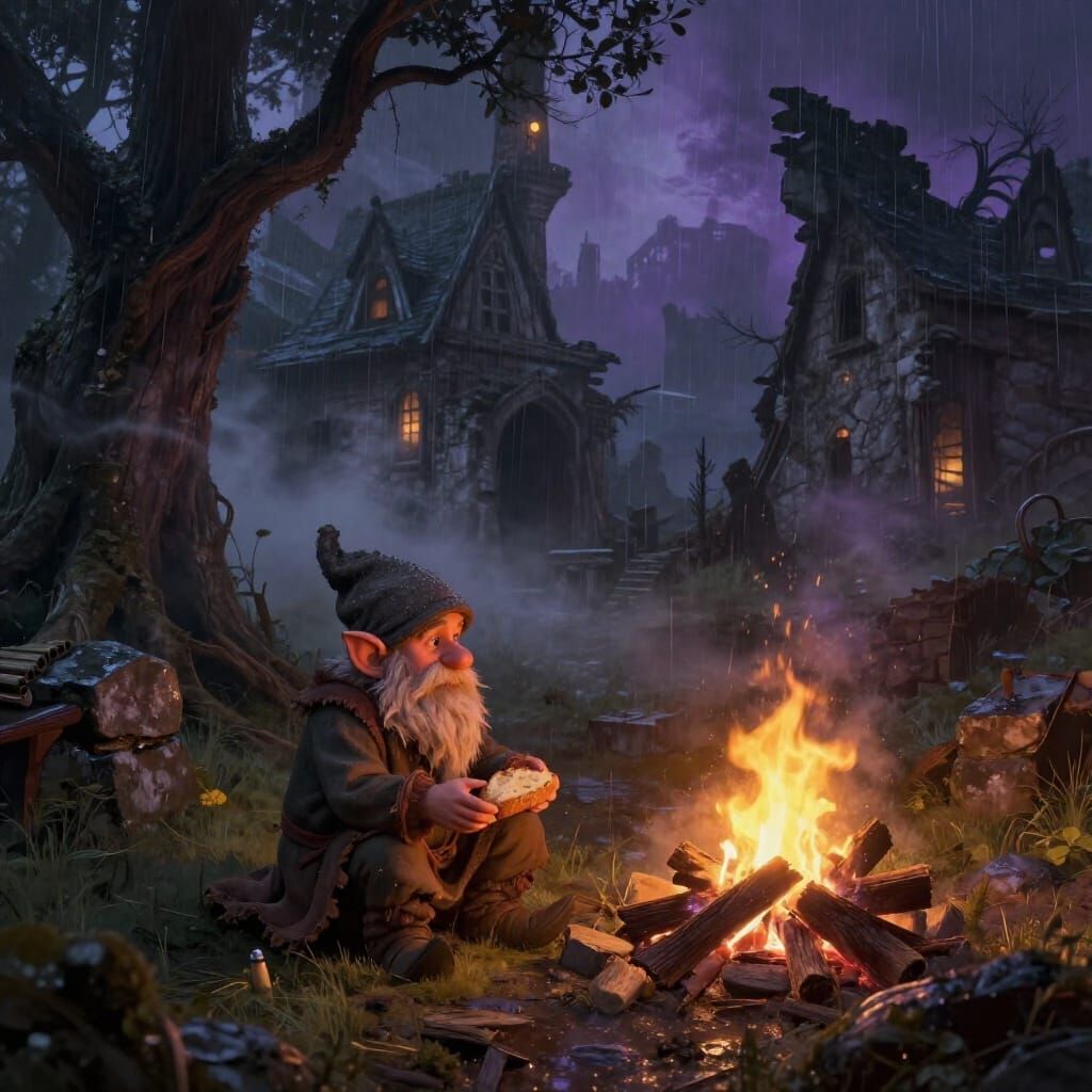 Dark Fantasy Gnome and Critter in Misty Village