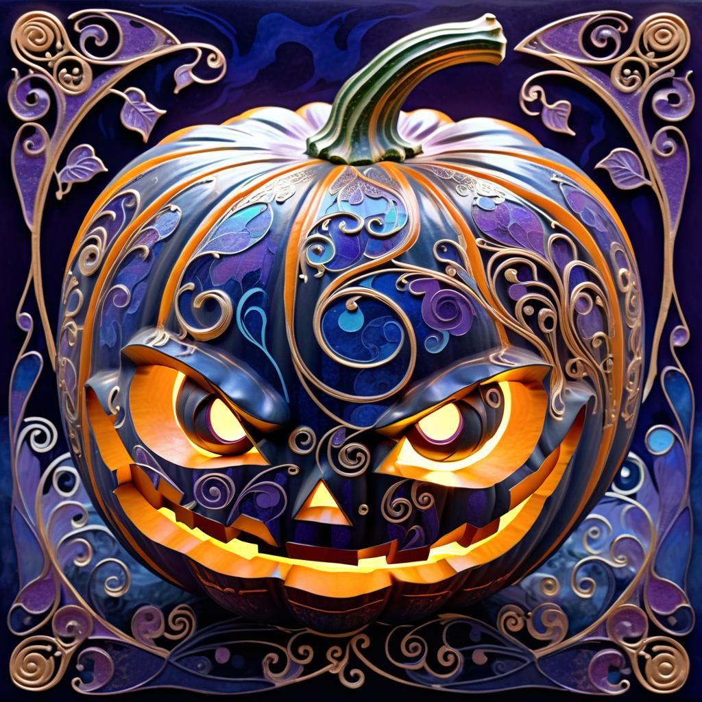Ethereal Flame Pumpkin in Art Nouveau Style