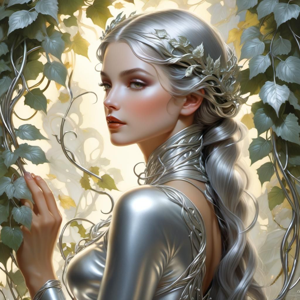 Luminous Silver Maiden in Metallic Vines