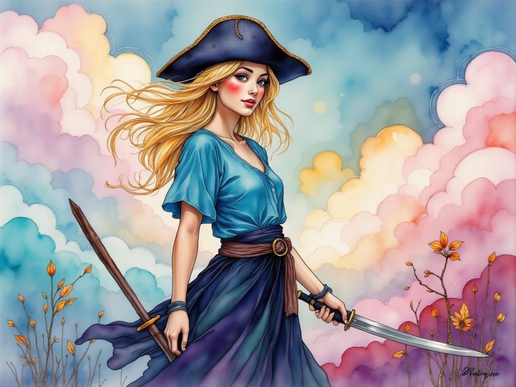 Whimsical Pirate Woman on a Dreamy Ship