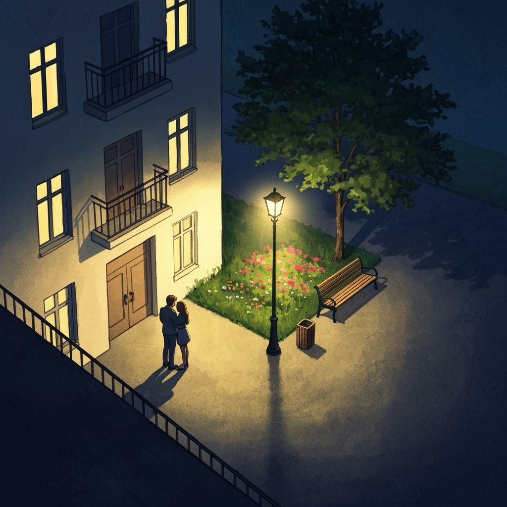 Couple Embracing in Night View Gouache Painting