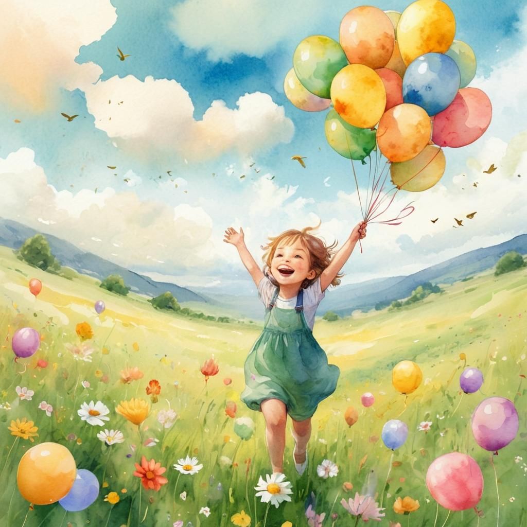 Whimsical Child Releasing Balloons: Watercolor Illustration