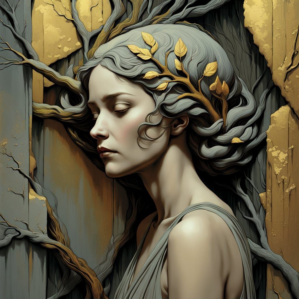 Contemplative Woman Emerging from Ancient Wall in Gritty Oil...