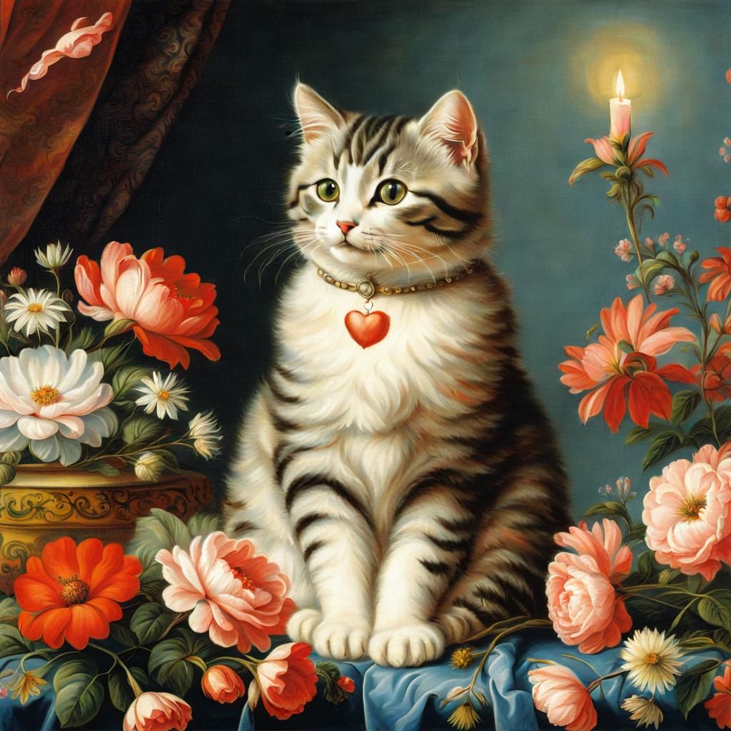 Canaletto-Style Whimsical Feline Amidst Blooms