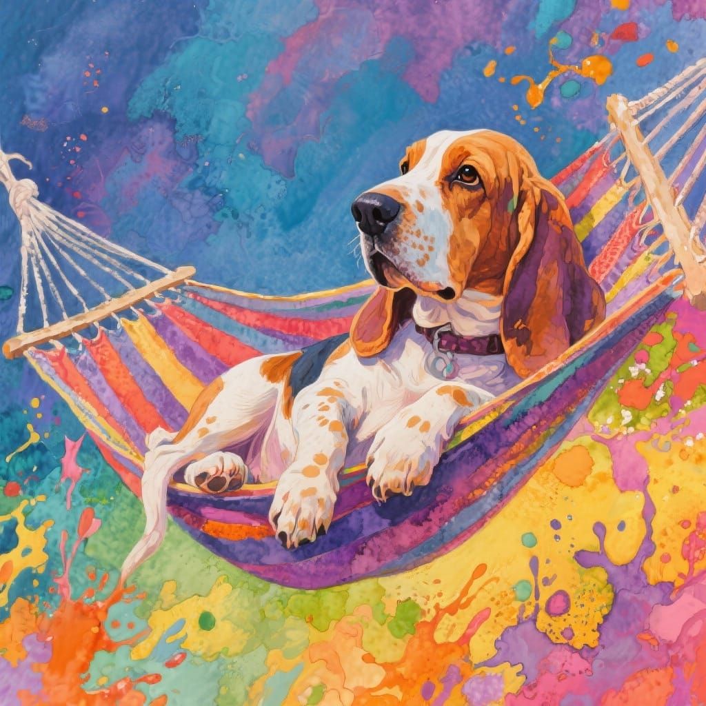 Basset Hound Relaxing on a Hammock in Vibrant Watercolour Sp...