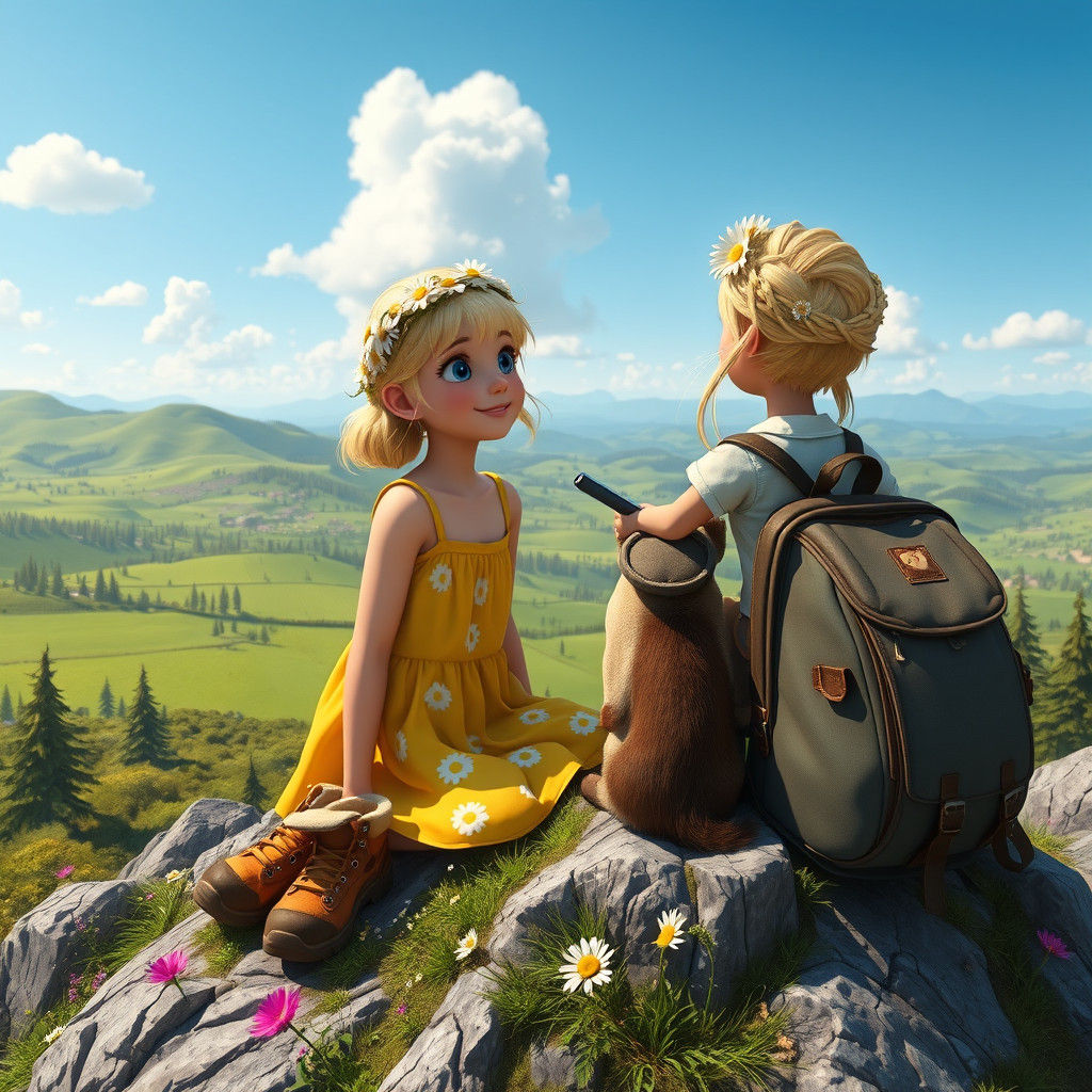 Woman and Cat on Mountain Top, Fantasy Concept Art