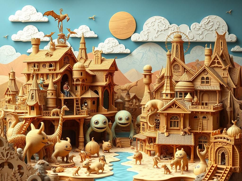 Fantasy Wasteland Diorama with Cute Monsters