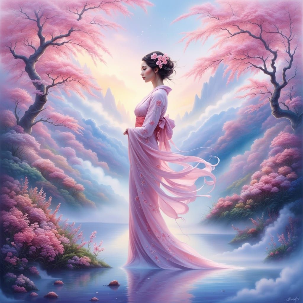Dreamy Fantasy Scene with a Woman in a Pastel Kimono