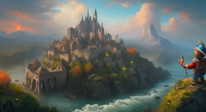 Rivers Meet at Cliffside Village with Gnome in D&D Style