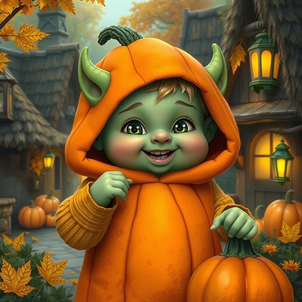 Adorable Orc Baby in Pumpkin Costume, Pixar Style