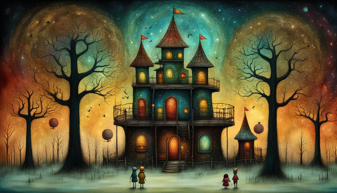 Surreal Amusement Park in Folk Art Style