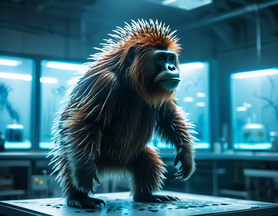 A hybrid porcupine-orangutan creature