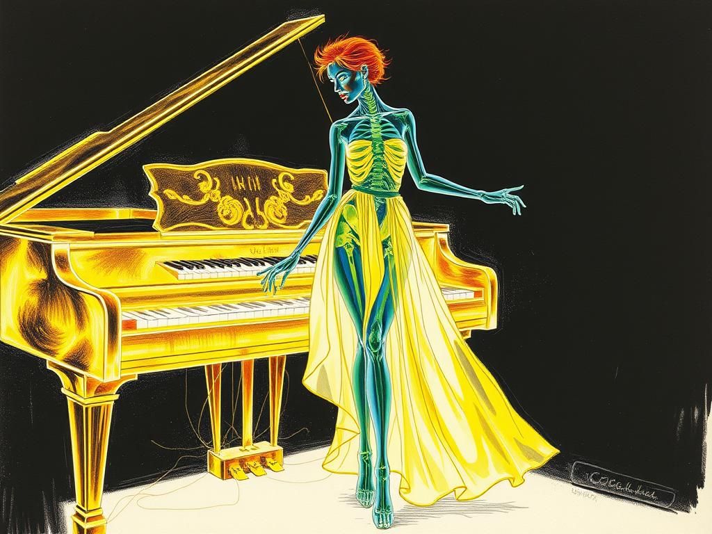 Radioactive Rainbow Woman Evolving from Piano Keyboard