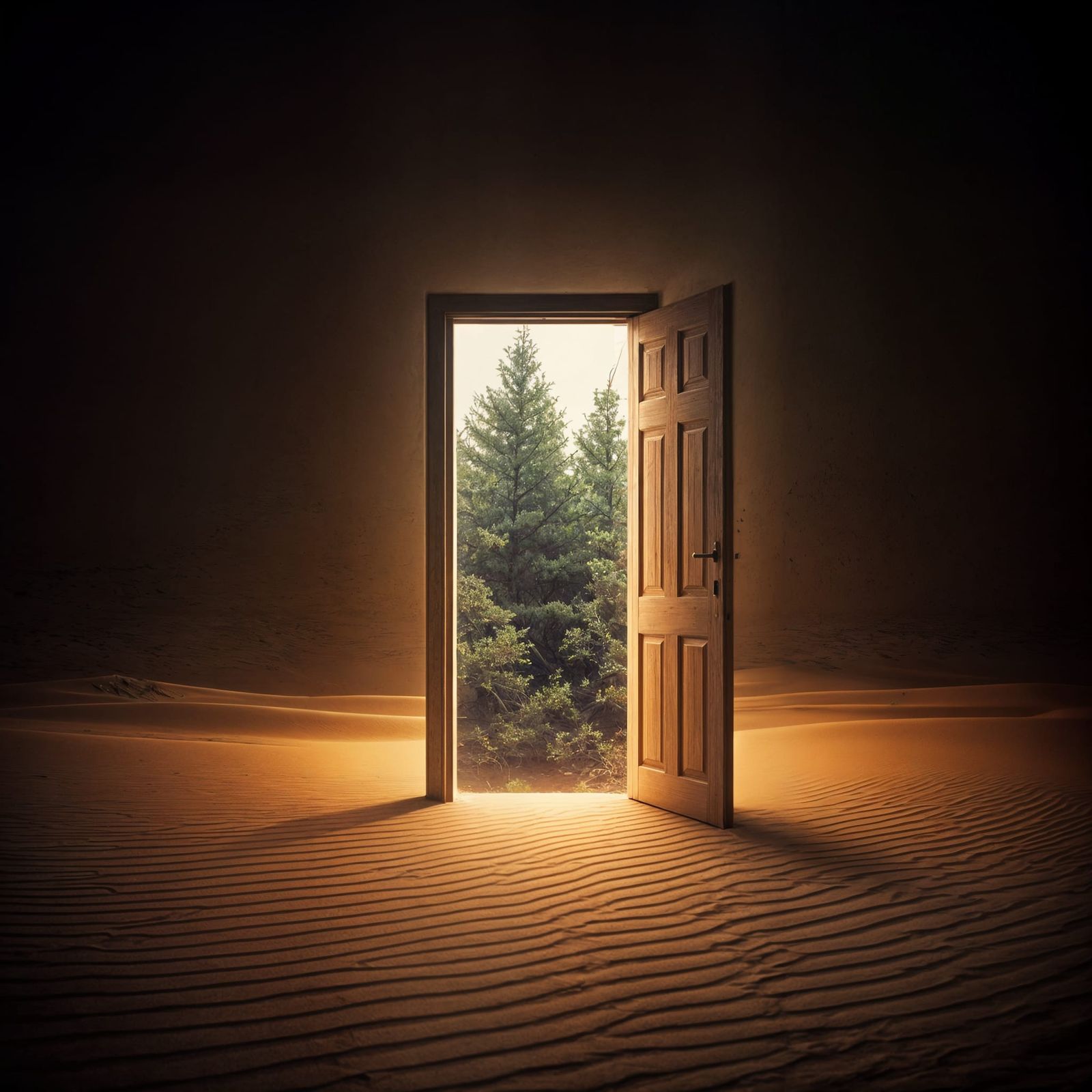 Glowing Door to Lush Forest in Desert