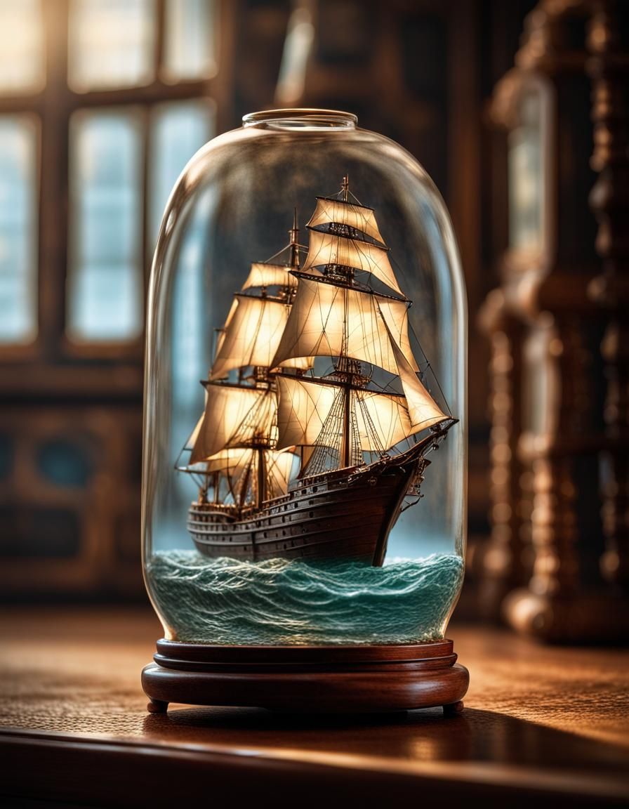 Hyperrealistic Ship in a Bottle with Volumetric Lighting