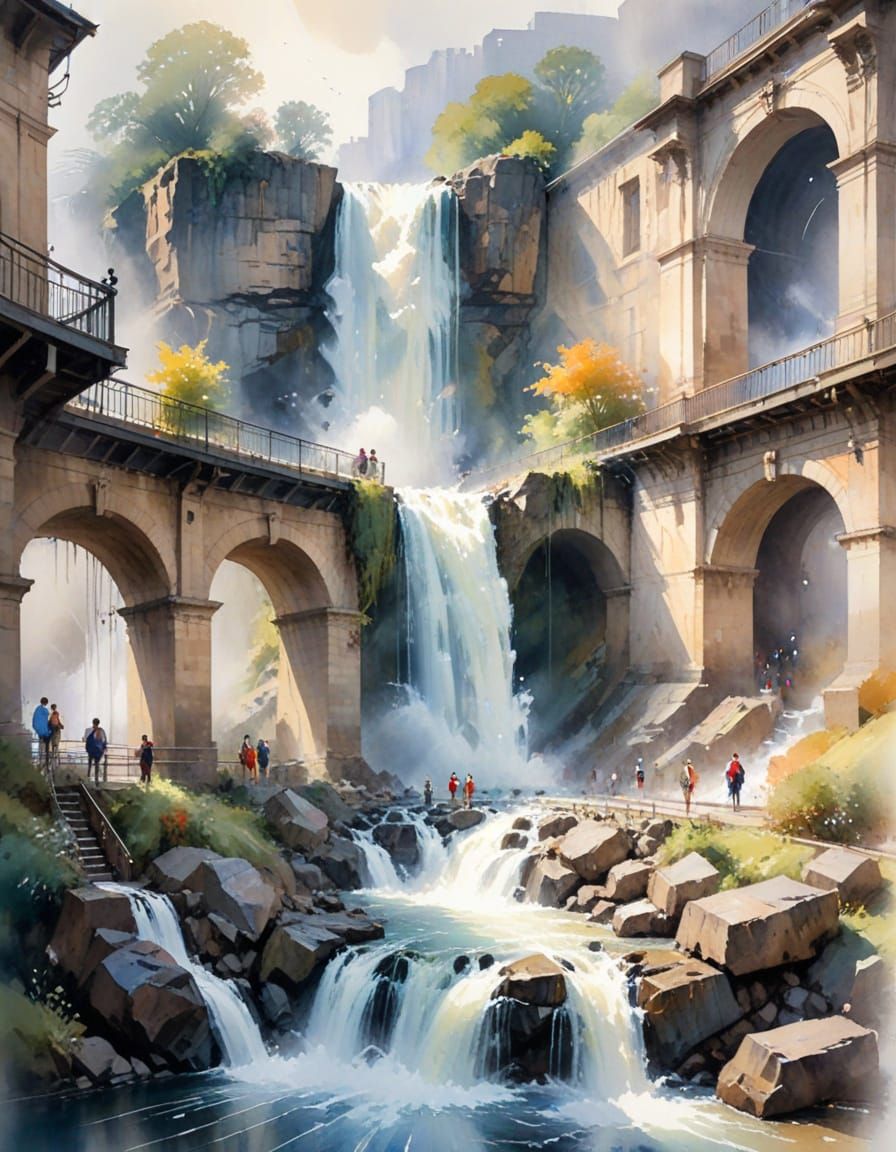 Waterfall Flows into Railway Station in Watercolour Style