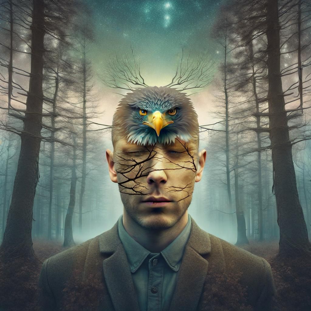 Surreal Face and Eagle Double Exposure Digital Art