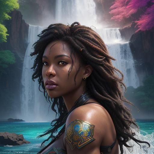 Hyperrealistic Island of Black Amazons with Rainbows